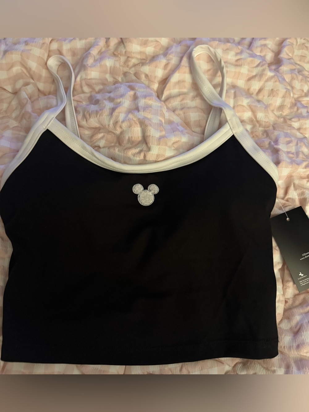 Disney Black Cropped Tank Top with White Trim and embroidered Mickey